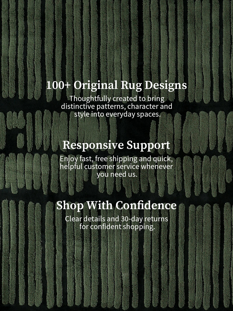Dark green and black textured rug pattern with white promotional text overlays reading '100+ Original Rug Designs,' 'Responsive Support,' and 'Shop With Confidence.'.