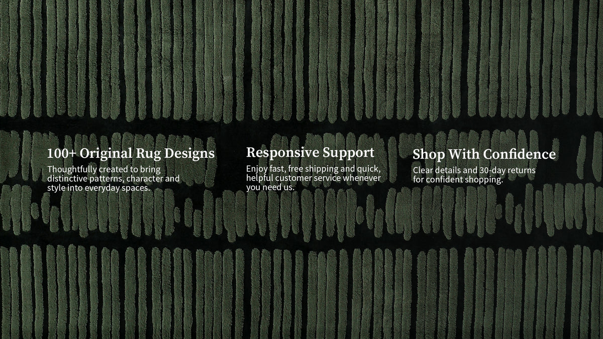A promotional banner featuring a dark green and black textured rug pattern background with three white text banners across the middle reading '100+ Original Rug Designs', 'Responsive Support', and 'Shop With Confidence'.
