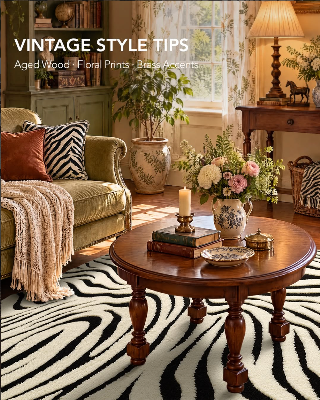 Vintage style tips: living room with brass accents and a black and cream zebra-pattern YIHOUSE area rug