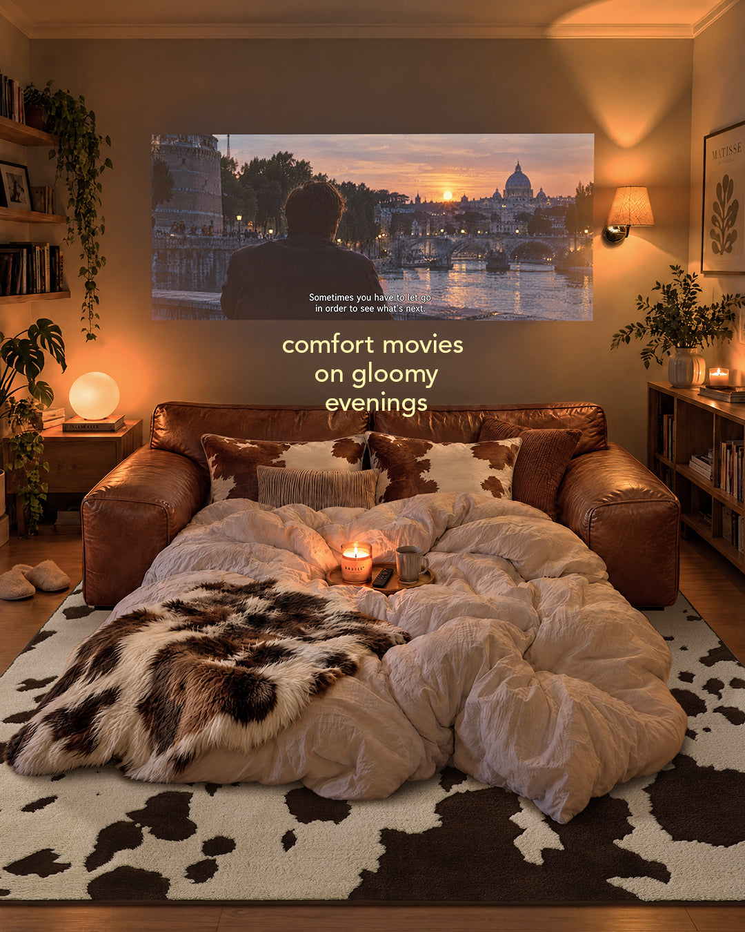 Cozy home cinema setup with floor cushions on a brown and cream cowhide-pattern YIHOUSE area rug