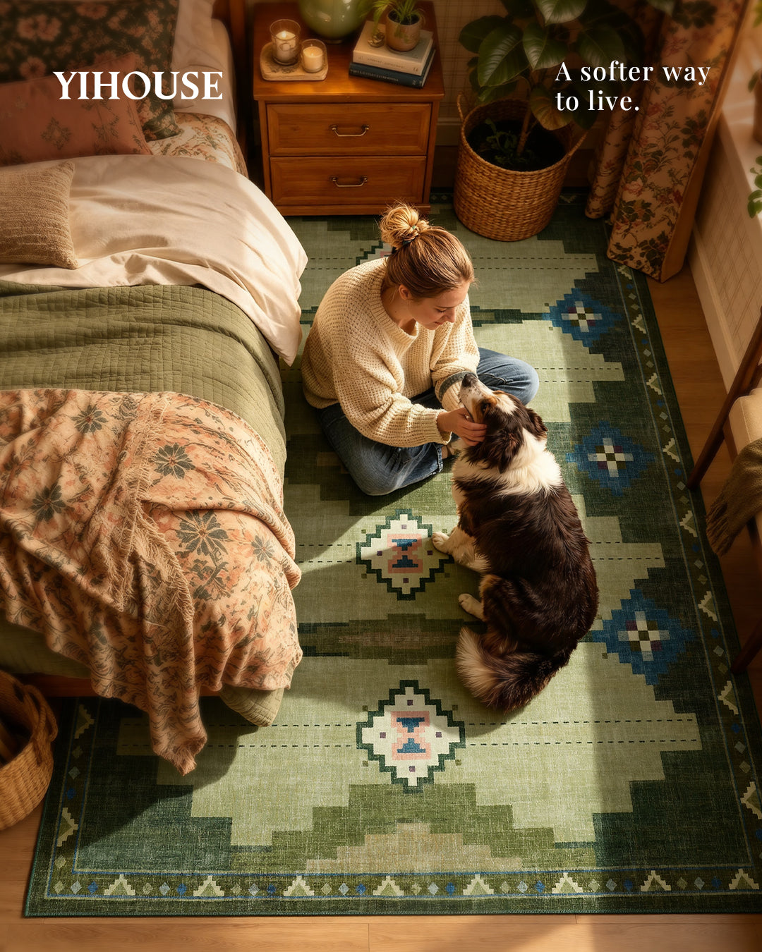 Woman petting a dog on a green geometric YIHOUSE area rug beside a cozy bed.