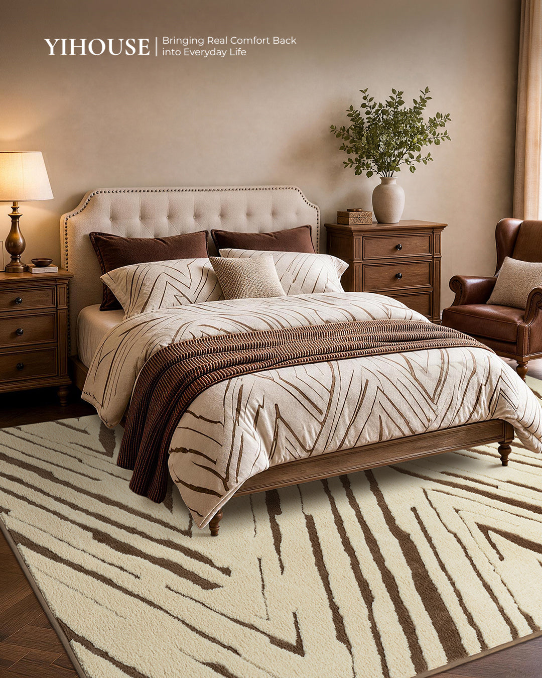 Cream and brown abstract pattern YIHOUSE area rug in a warm traditional bedroom.