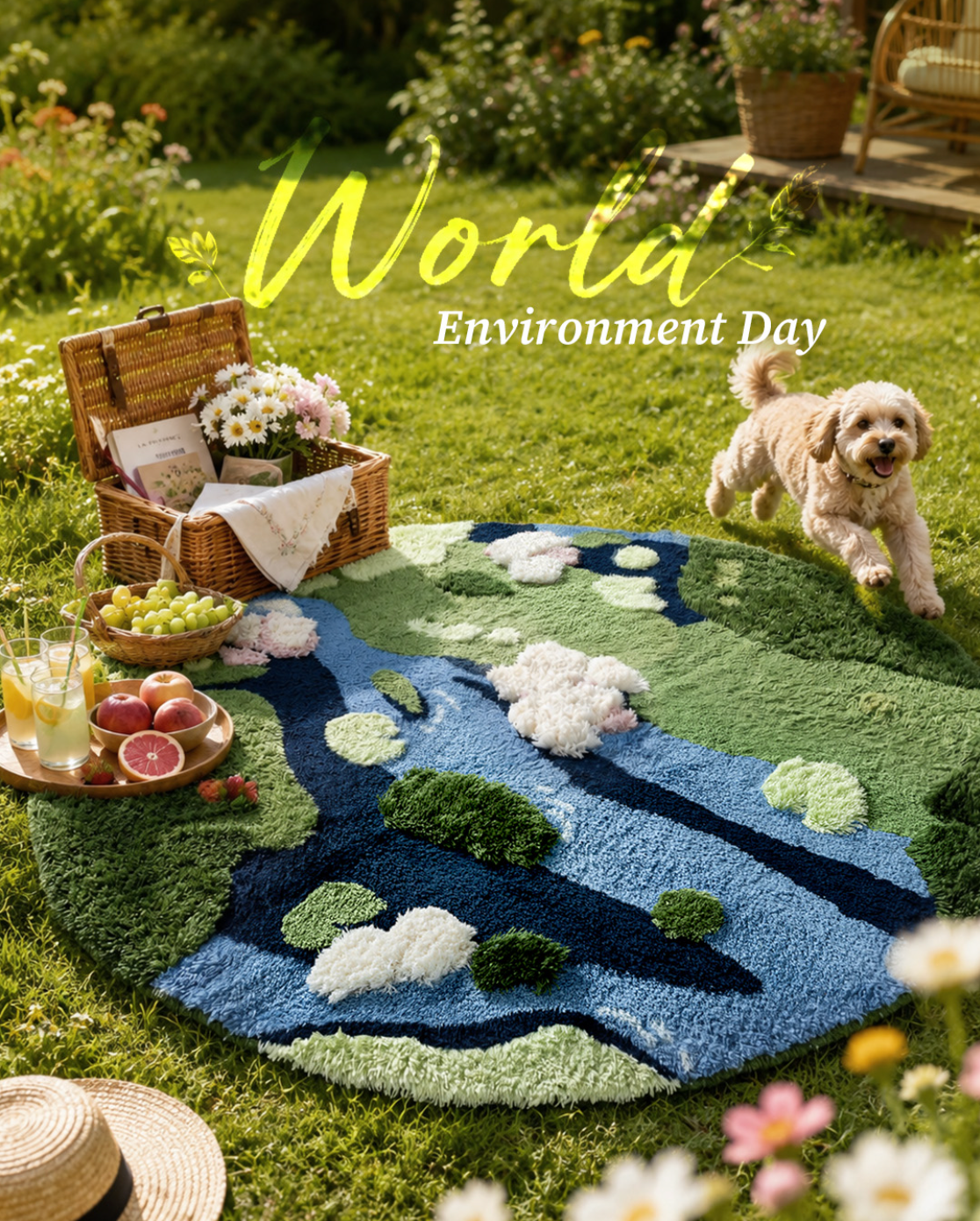 A round tufted rug shaped like the Earth is displayed on a green lawn, with a wicker picnic basket, flowers, fruit, and a small dog nearby. Large overlaid text reads “World Environment Day.