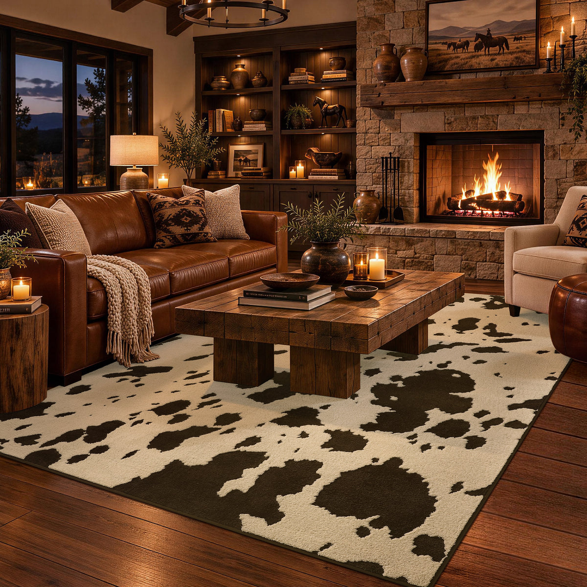 A large cowhide-pattern area rug in black and cream is styled in a rustic, warm living room with a leather sofa, wooden coffee table, stone fireplace, and wood floors.