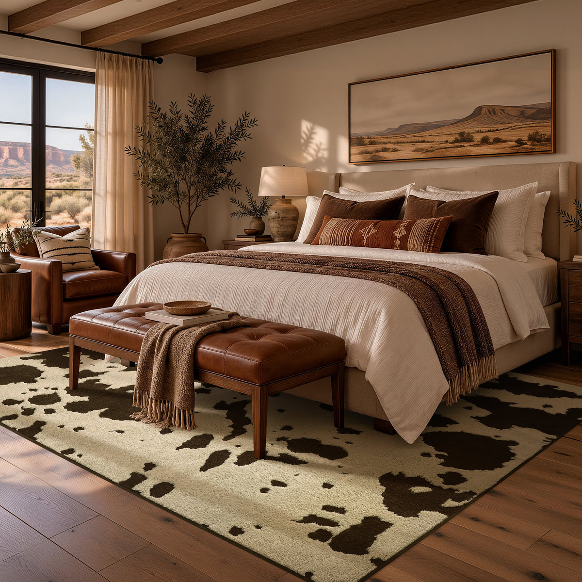 A styled bedroom scene featuring a large cowhide-pattern area rug in beige and dark brown, with a brown leather tufted bench at the foot of the bed. The room has warm wood ceiling beams, a window looking out onto a desert landscape, and a bed dressed in cream bedding with brown and beige accent pillows.