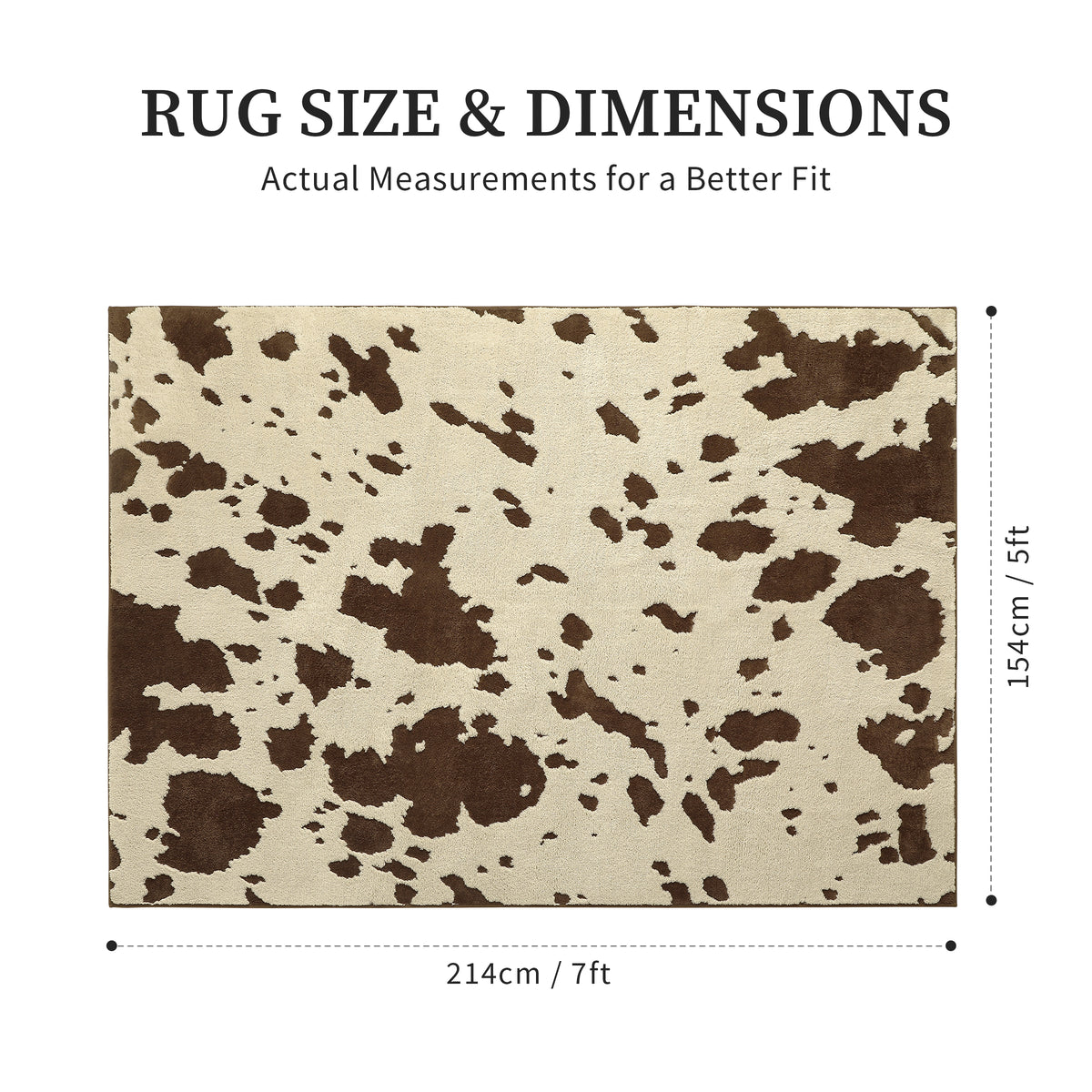 YIHOUSE brown and cream cow print rug size guide for 5 x 7 ft, measuring 154 x 214 cm