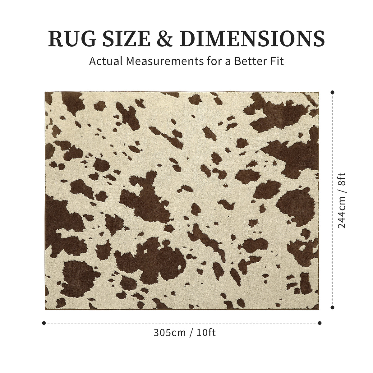 YIHOUSE brown and cream cow print rug size guide for 8 x 10 ft, measuring 244 x 305 cm