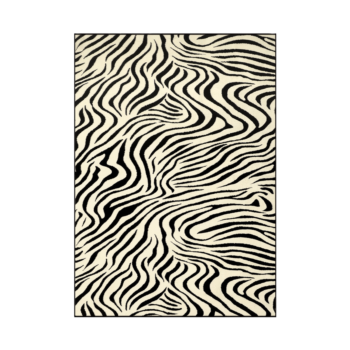 A rectangular area rug featuring a bold black and cream wavy zebra-like pattern, shown flat against a plain white background.
