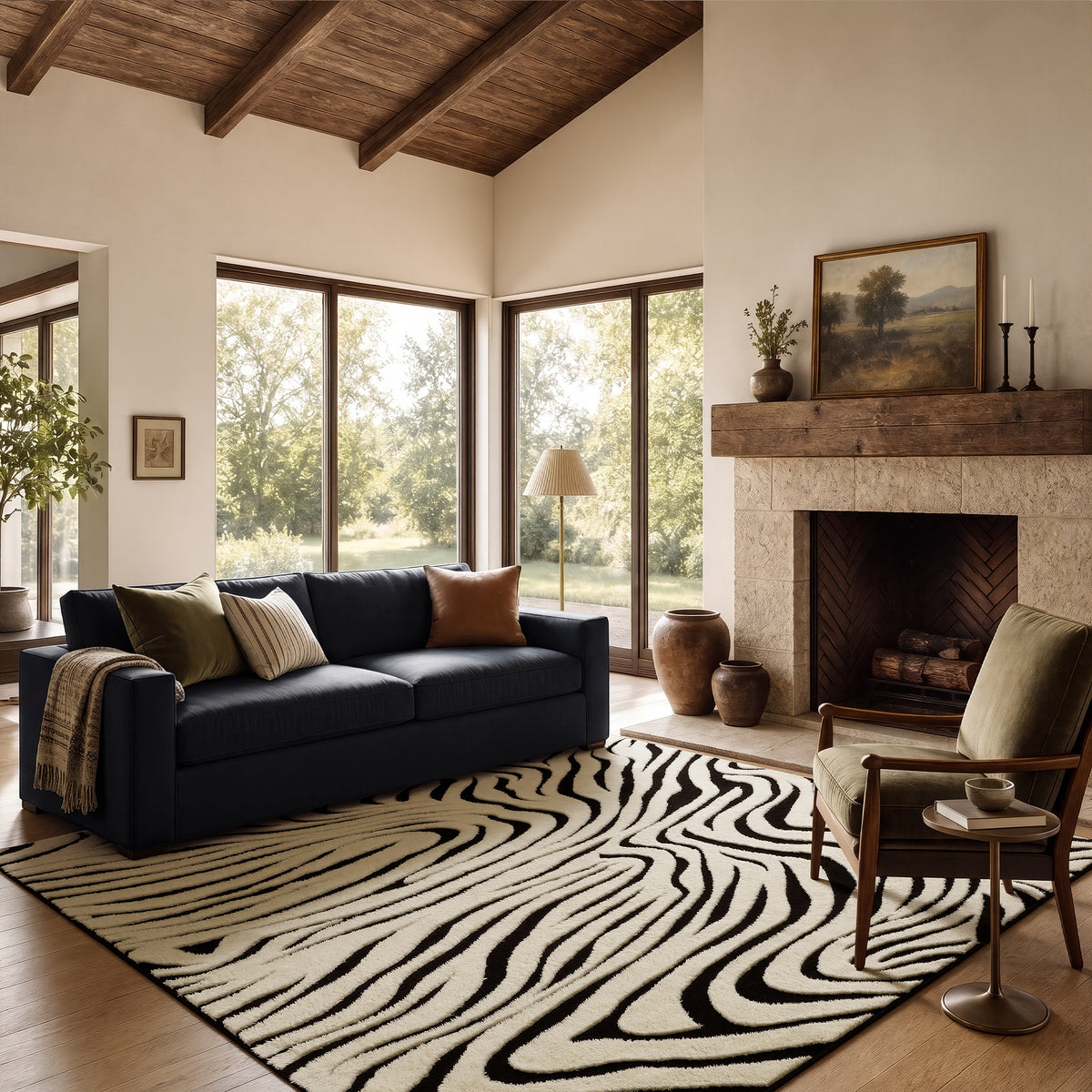A large black and cream zebra-pattern area rug in a modern living room with a dark blue sofa, a stone fireplace, and wood ceiling beams.