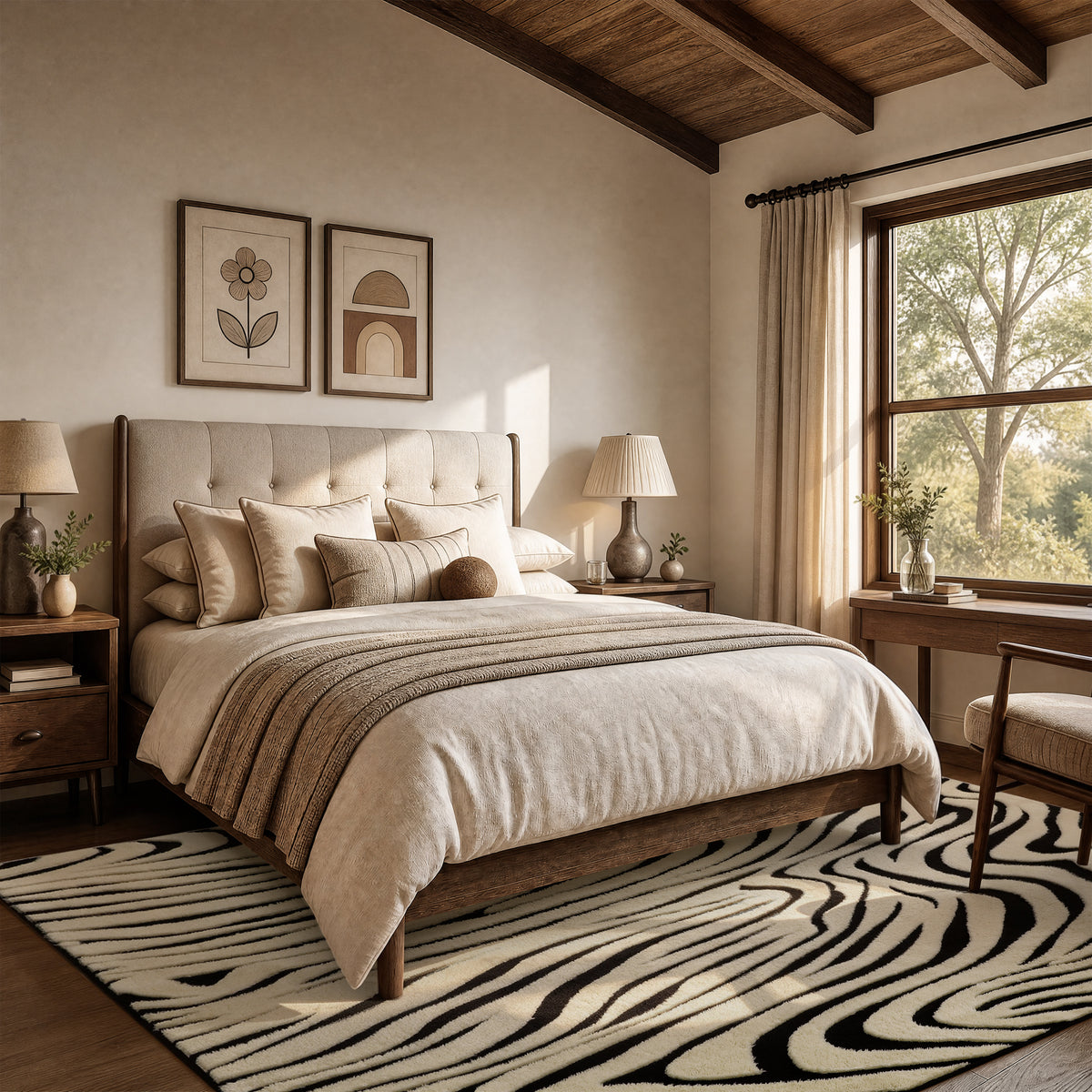 A styled bedroom interior featuring a bed dressed in beige and cream linens, with a black-and-cream zebra-pattern rug, wooden ceiling beams, and a large window with sheer curtains.