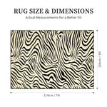 Rug size and dimensions chart showing a rectangular rug with a black and cream wavy zebra-like pattern, labeled 214 cm x 154 cm (7 ft x 5 ft) with text reading 'RUG SIZE & DIMENSIONS' above.