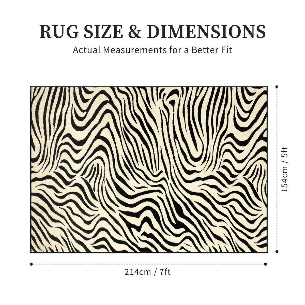 Rug size and dimensions chart showing a rectangular rug with a black and cream wavy zebra-like pattern, labeled 214 cm x 154 cm (7 ft x 5 ft) with text reading 'RUG SIZE & DIMENSIONS' above.
